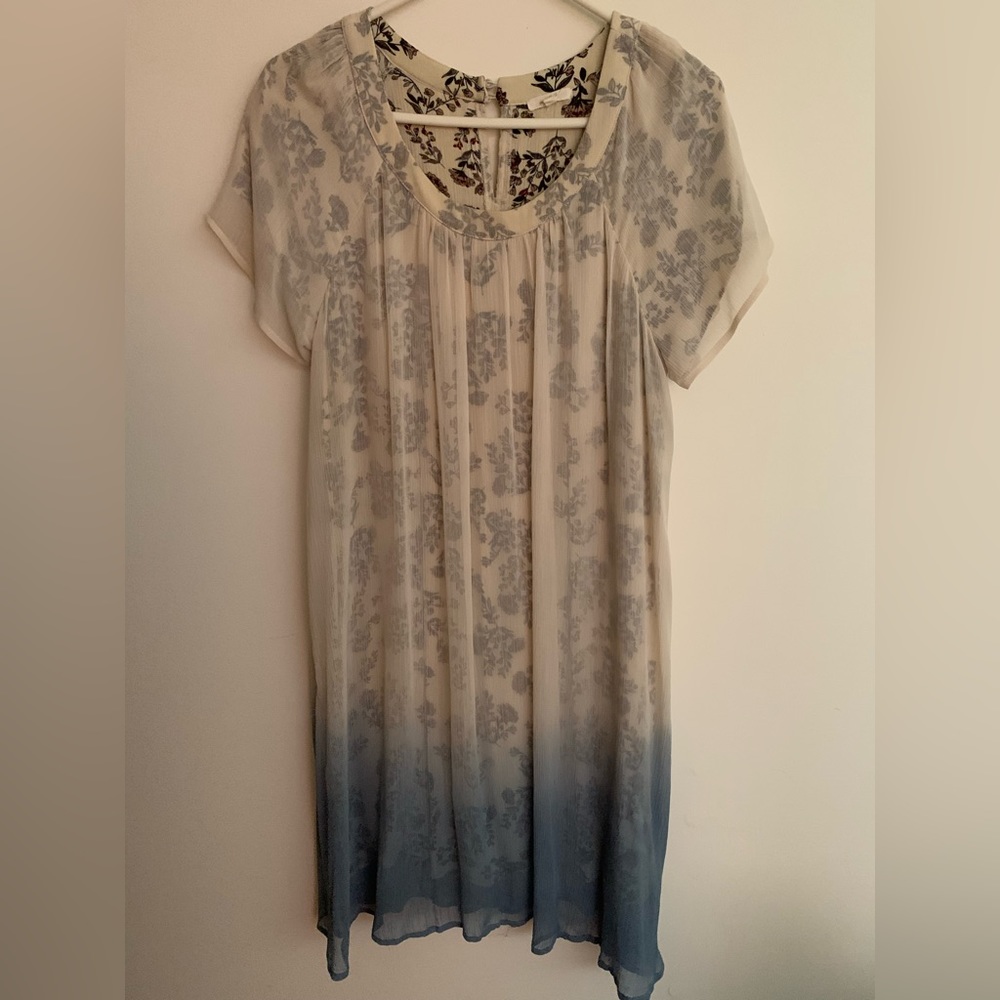 Boho-Mystree Women’s Dress-Ombré Beige and Blue over Floral Print. Size L.